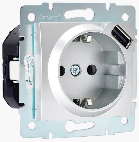 Розетка с заземлением +1хUSB без рамки Lezard Karina 1-м. матовое серебро фото Розетка с заземлением +1хUSB без рамки Lezard Karina 1-м. матовое серебро картинка